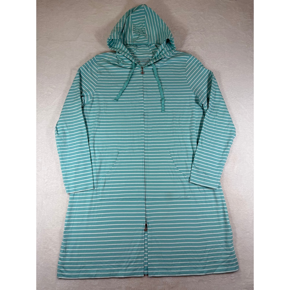 Coolibar Womens Large Aqua Blue Striped UPF 50+ Full Zip Hooded Sun Tunic Dress